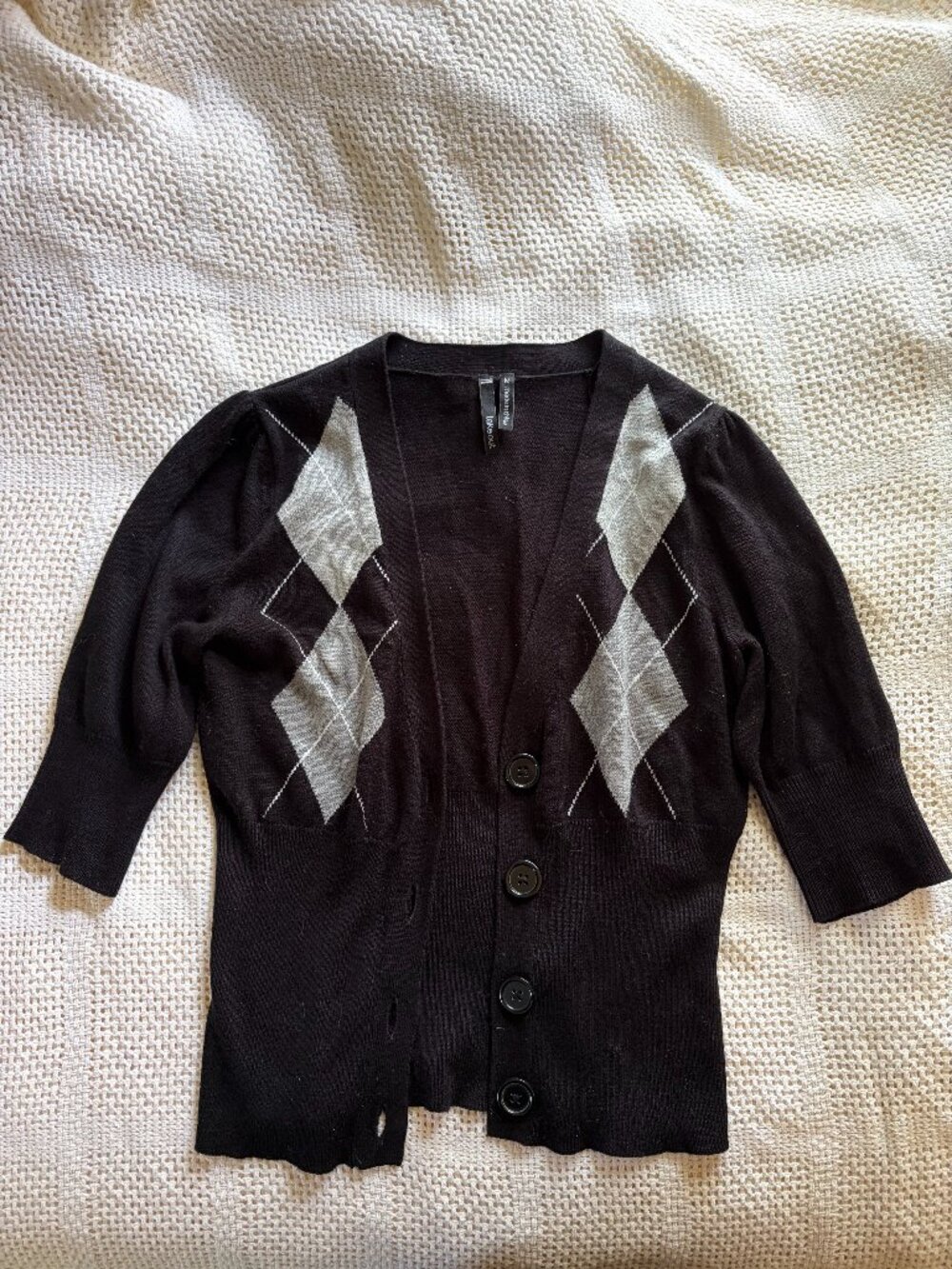 Cropped Black Cardigan with Argyle Pattern